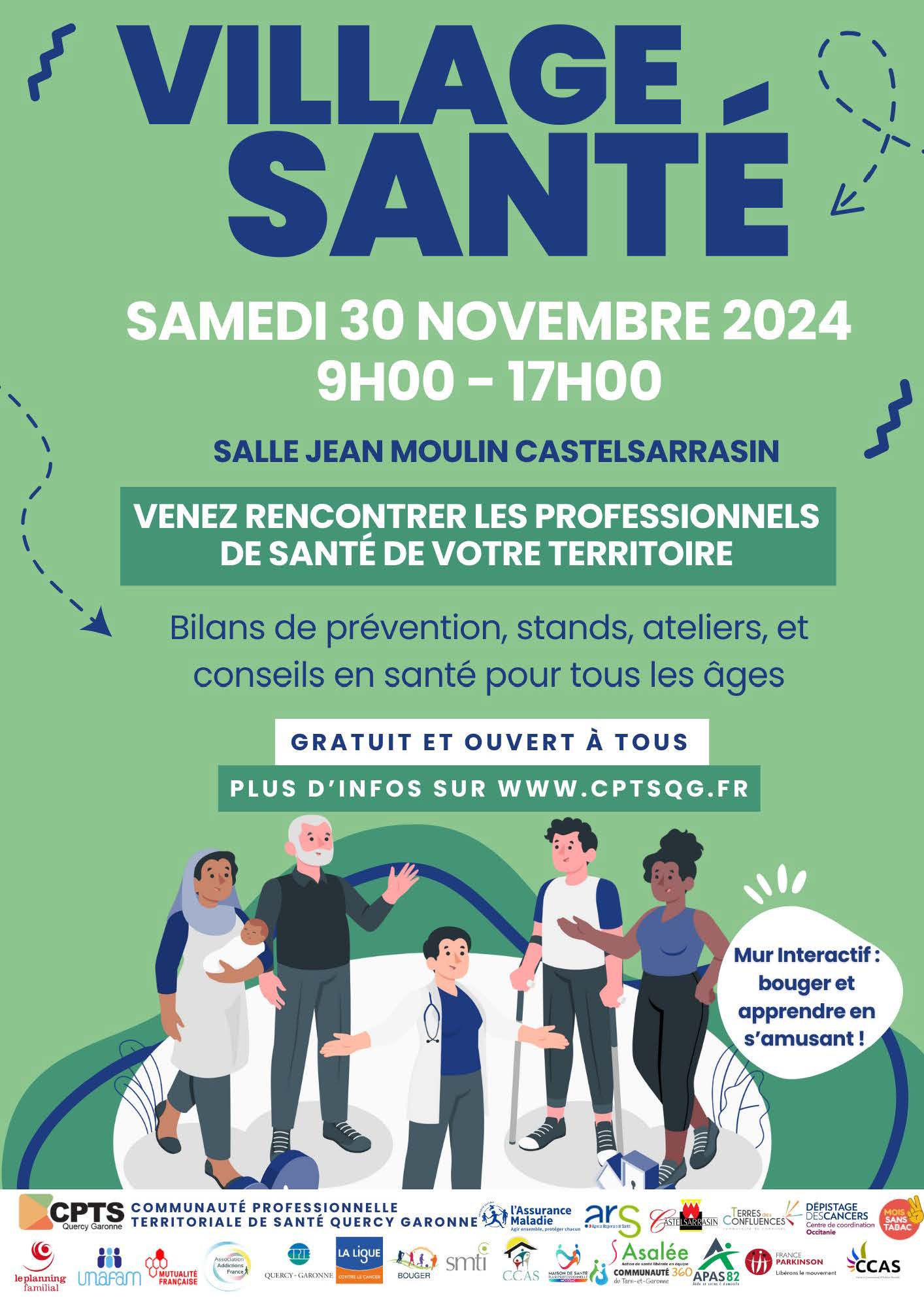 Flyer Village Santé du 30 novembre de 9h à 17h à la Salle Jean Moulin de Castelsarrasin.  